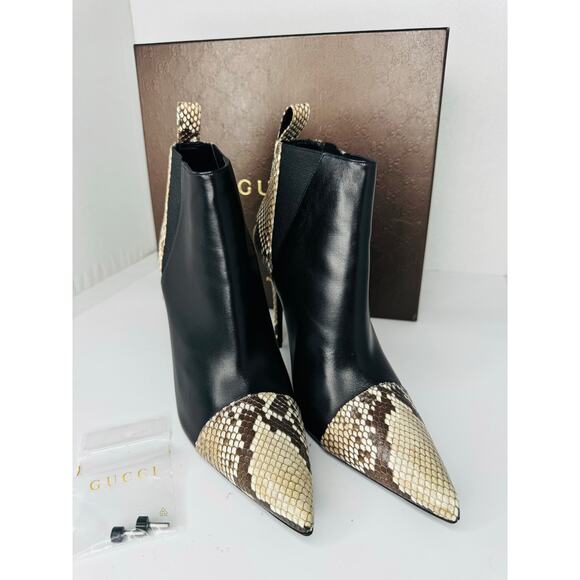 Gucci Black Leather And Roccia Python Pointed Toe Ankle stiletto Boots EU 39.5 - Picture 9 of 11